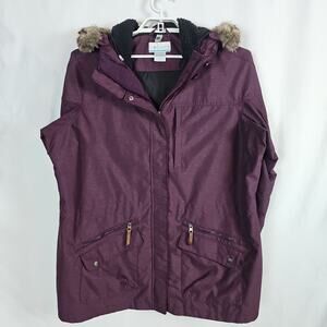 Columbia Women Parka Jacket 2X Plus Size Maroon Full Zip Fur Hooded Interchange